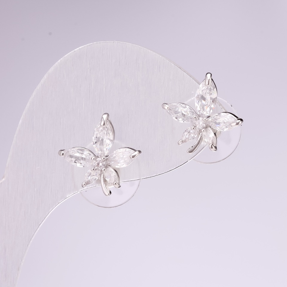 Leaves Stud Earrings, 925 Sterling Silver, with Stones, White, 14x14 mm