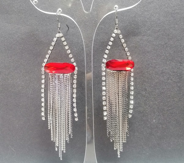Drop earrings with red oval crystals and chains, 95 x 23 mm