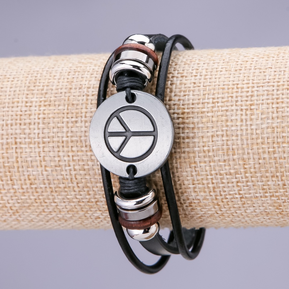 World Bracelet, 21 cm long, 15 mm thick, black eco-leather