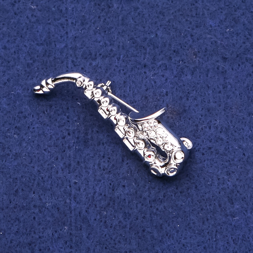 Saxophone Brooch with Crystals, Silver Metal, 16×45 mm