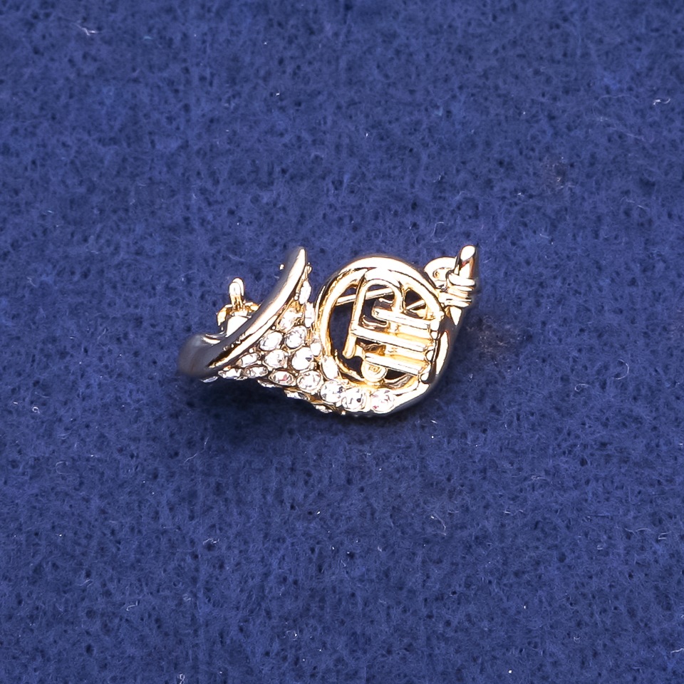 Brooch 'French Horn' with rhinestones, gold-tone metal, 16x27mm