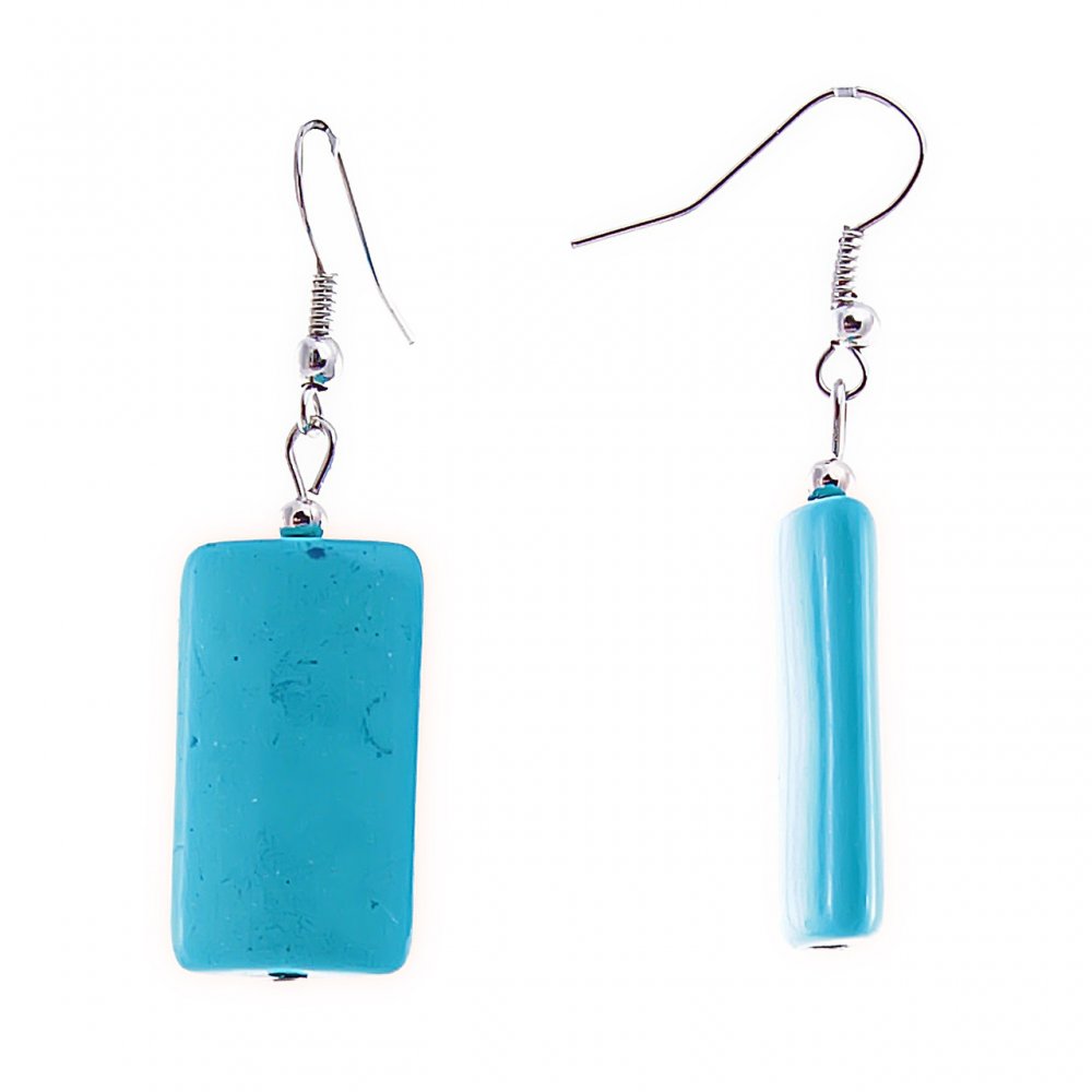 Drop earrings with rectangular smooth cabochons in turquoise, 14×25 mm