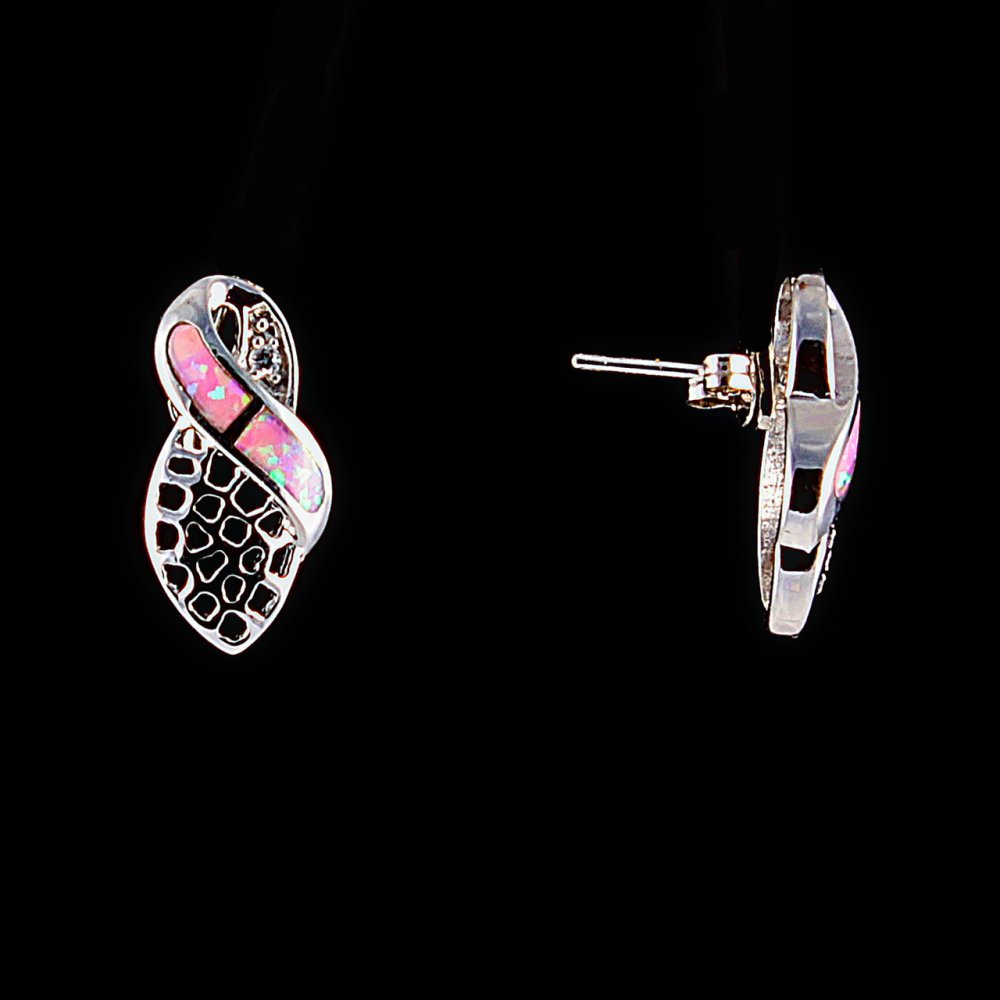 Delicate lace stud earrings, pink opal inlay (synthetic), silver color, 20×10 mm