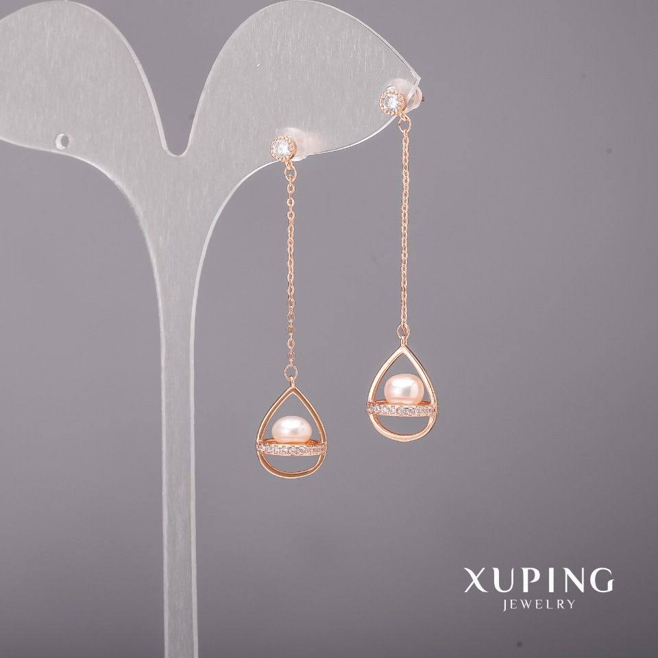 Xuping Earrings with White Stones and Mallorca Pearls, 10x52 mm, 18K Gold Plating