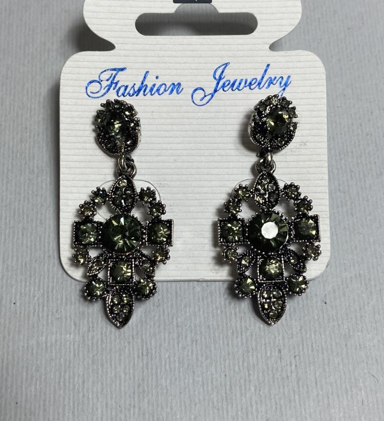 Stud earrings with pendant, dark and light crystals, silver-tone metal, 40 mm