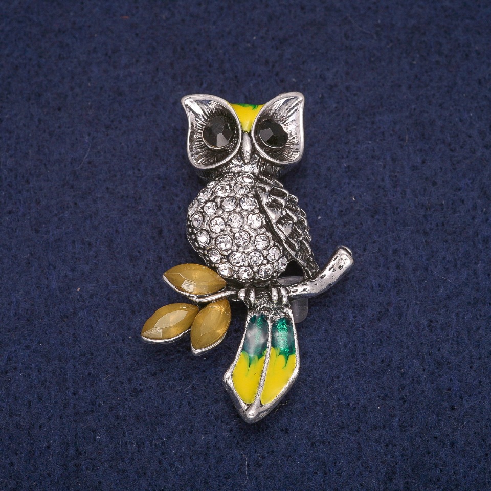 Owl Brooch with Crystals, Silver-Tone Metal 27x42 mm
