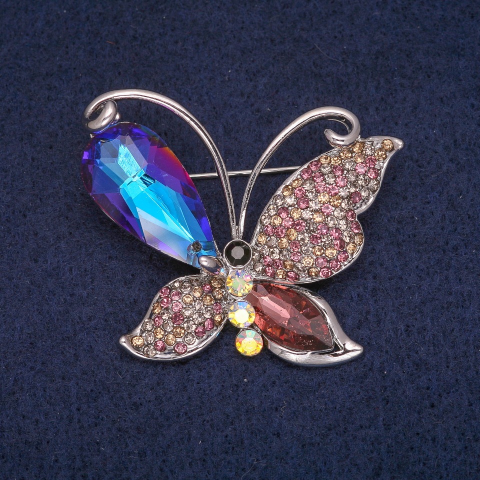 Butterfly Brooch with Crystals, Silver-Colored 39×43 mm