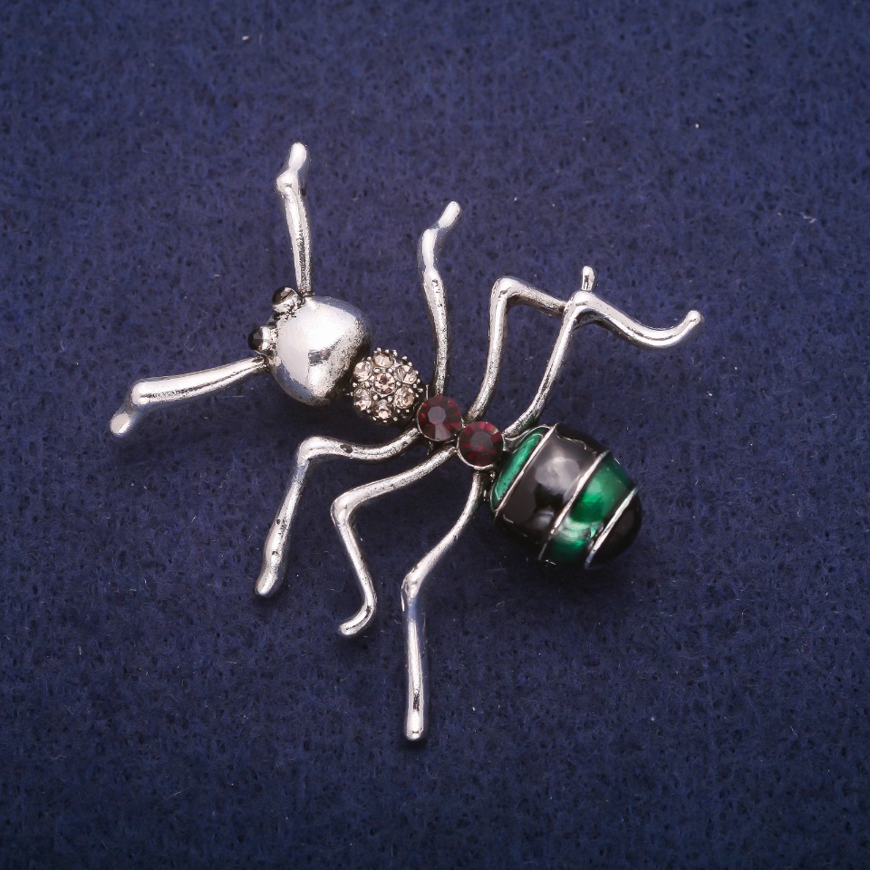 Ant Brooch with Enamel and Crystals, Silver-Tone Metal 44x45mm