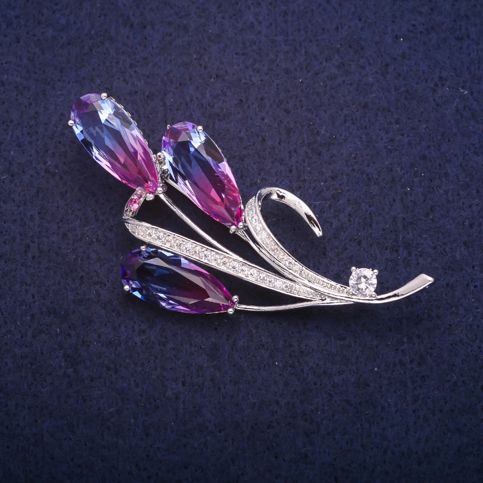 Twig Brooch with Pink-Blue Crystals in Swarovski Style, Silver-Toned Metal 32x65mm