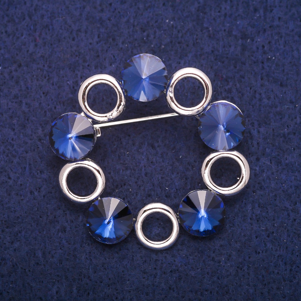Brooch 'Accent' with Blue Crystals, Silver-Toned Metal 42mm