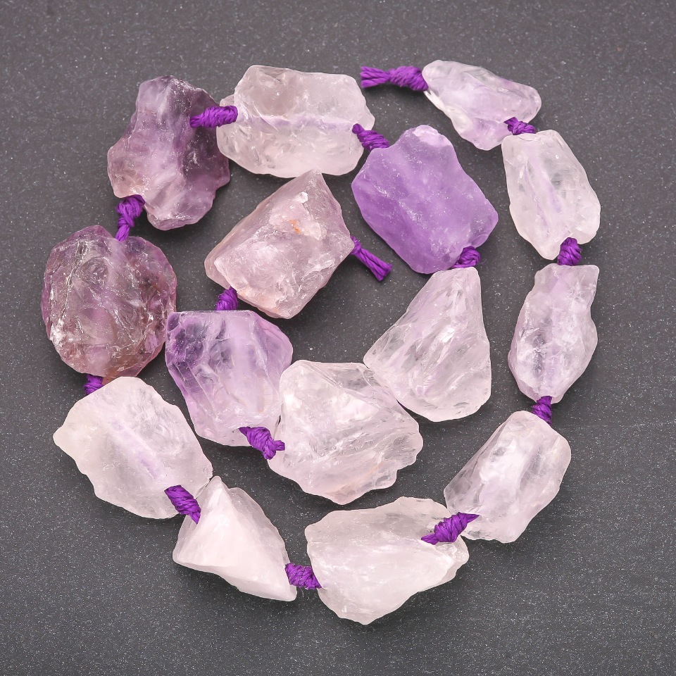 Unpolished Amethyst Beads, Rondelle-Shaped Rough-Cut, Threaded on a String, Diameter 20×26 mm, Length 42 cm ±