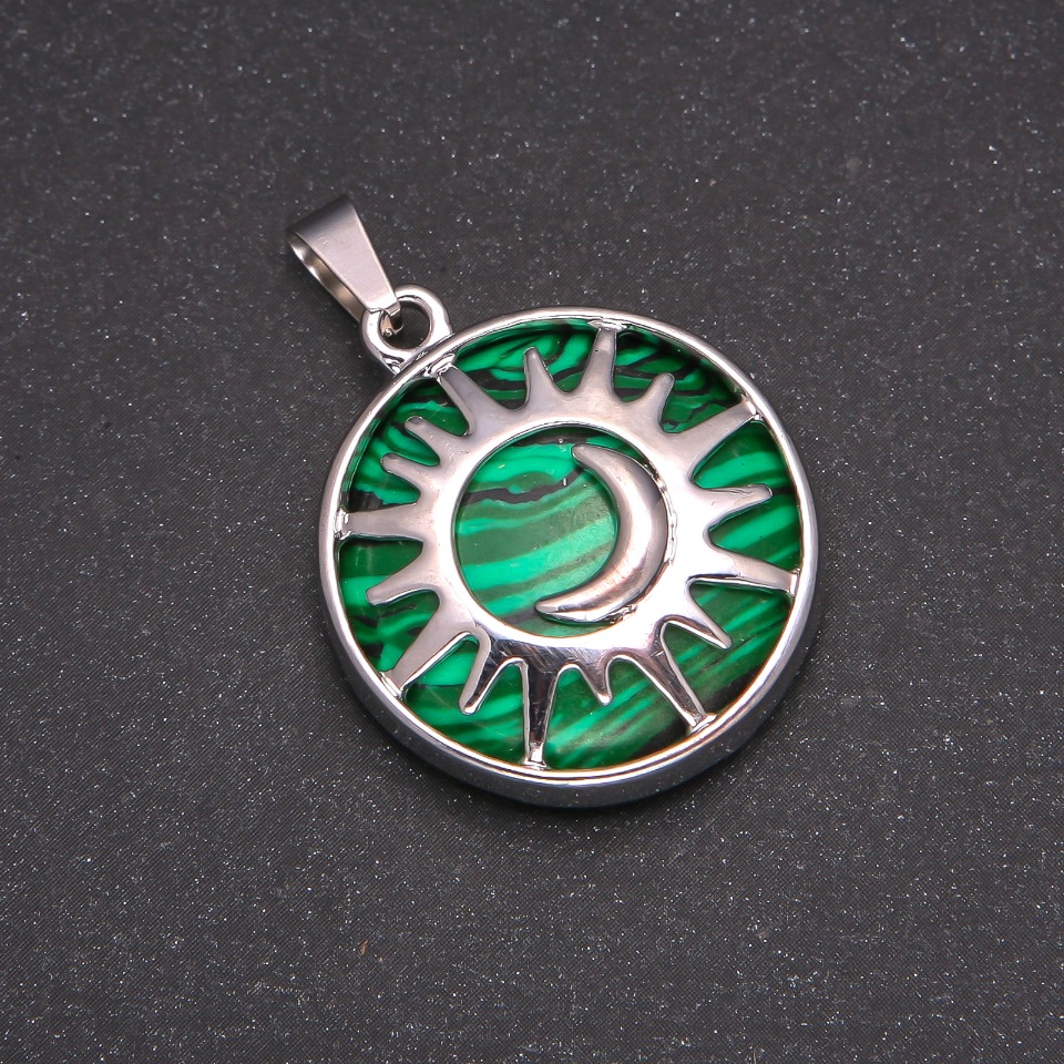 Natural Malachite Pendant in Bezel Setting 'Sun', 27mm Diameter