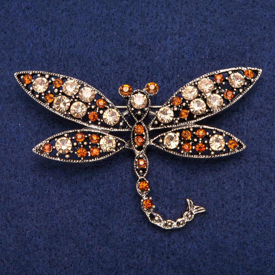 Dragonfly Brooch with Yellow Crystals, Gold-Tone Metal, 45x74mm