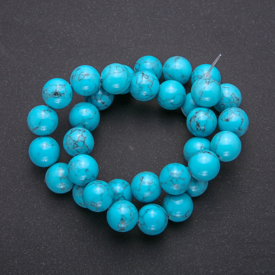 Turquoise Beads Smooth Sphere, 12 mm Diameter, Thread, Length 38 cm (+/-)