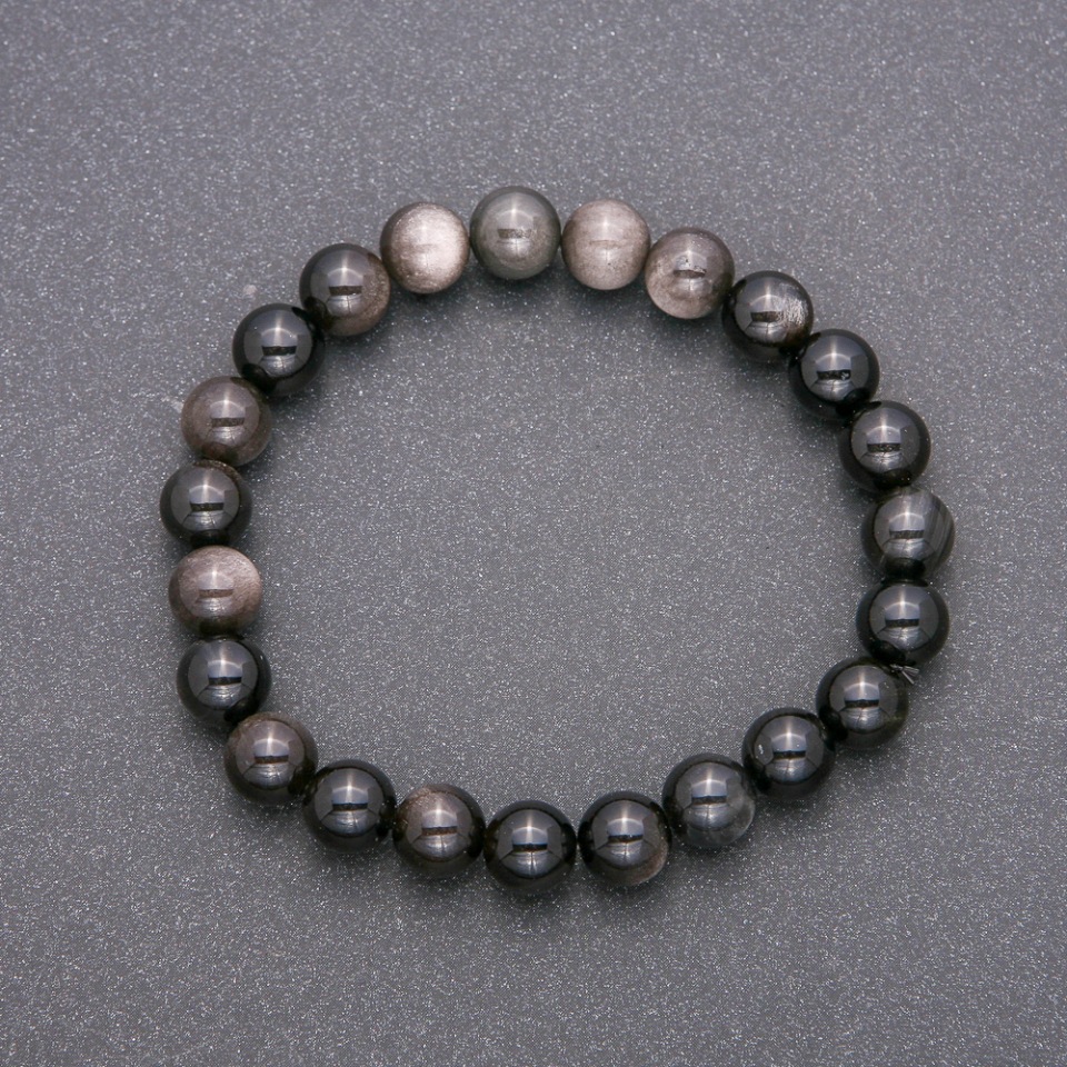 Natural Stone Bracelet with Silver Obsidian on Elastic Cord, Smooth Beads, 8 mm Diameter, 18 cm Length