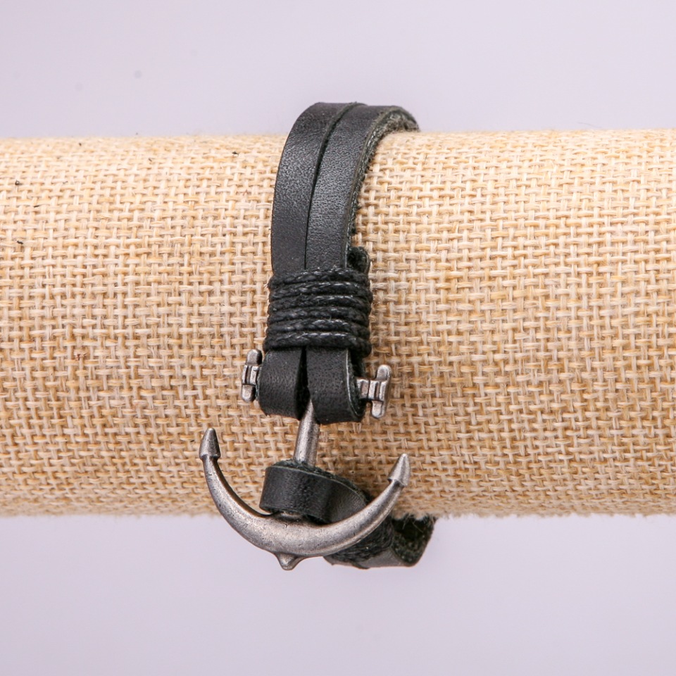 Anchor Bracelet with Metal Inlays, 21 cm long, 10 mm thick, black eco-leather