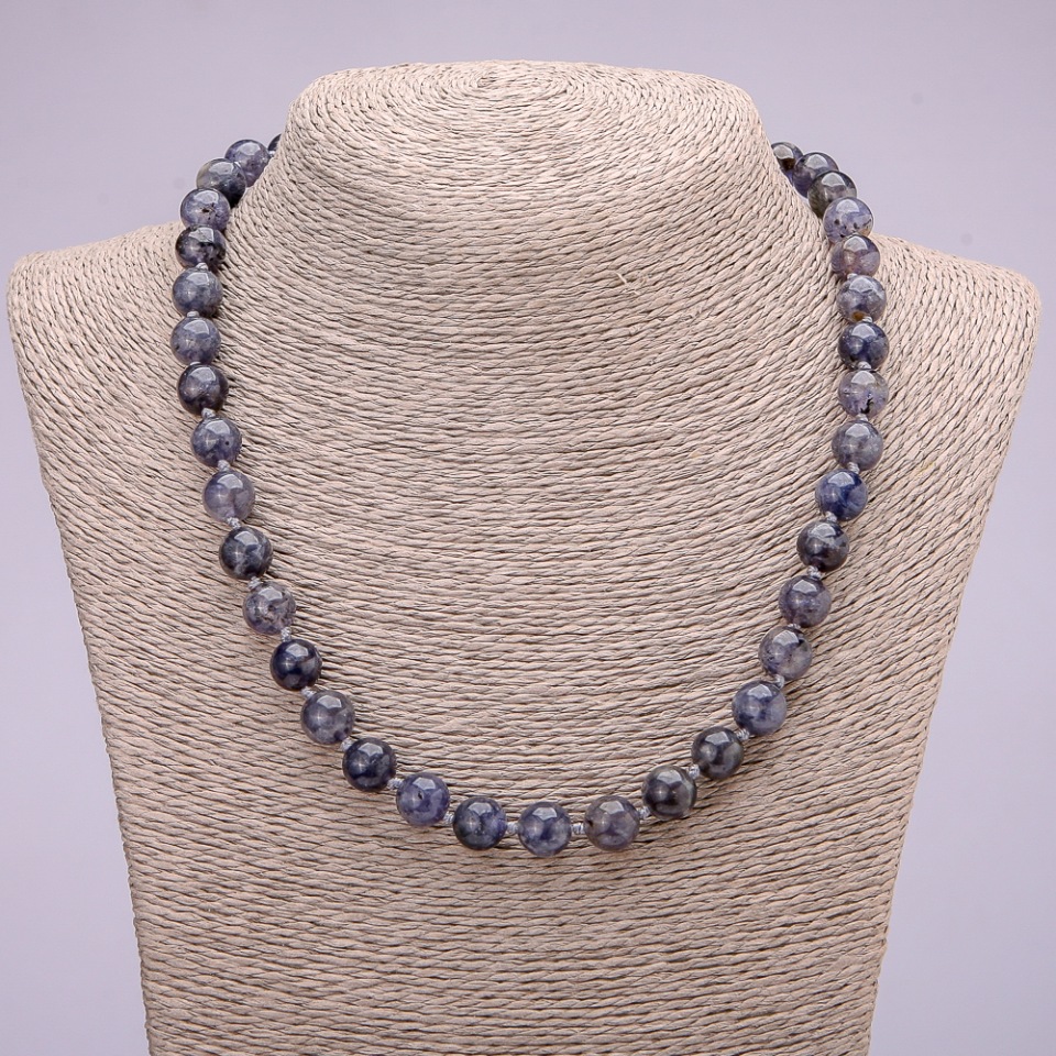 Natural iolite necklace with smooth round beads, 10 mm diameter, 48 cm length