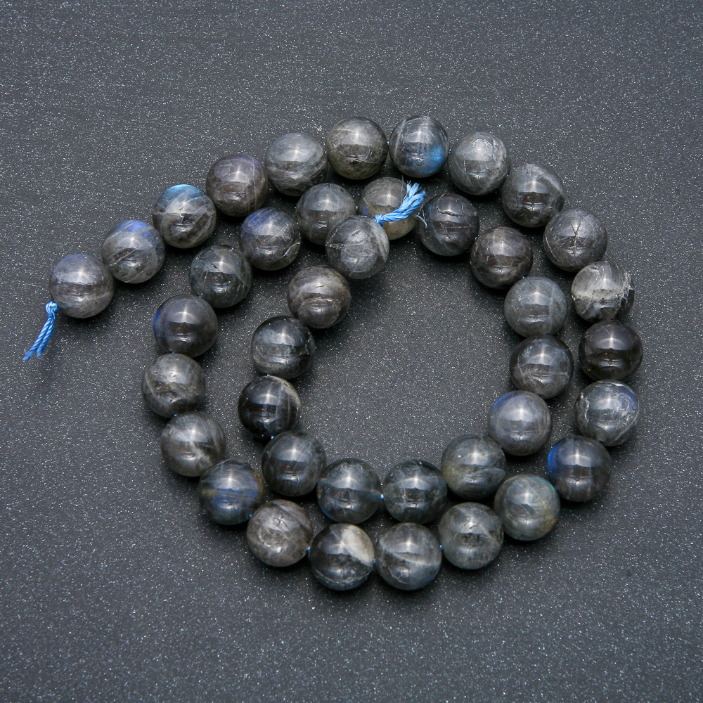 Beads on a thread, natural Labradorite, smooth round beads, 10 mm diameter, 39 cm length