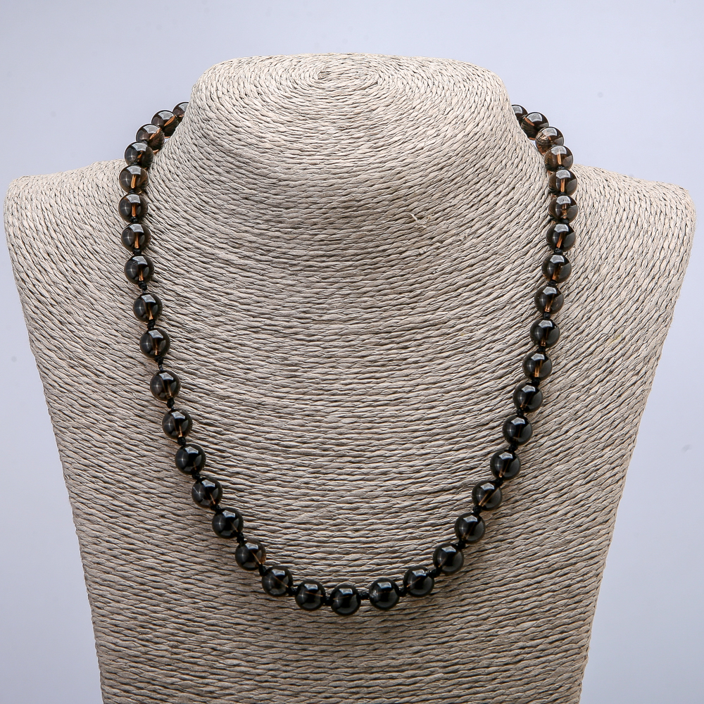 Natural Smoky Topaz Necklace with Smooth Beads, 8 mm Diameter, 46 cm Length +