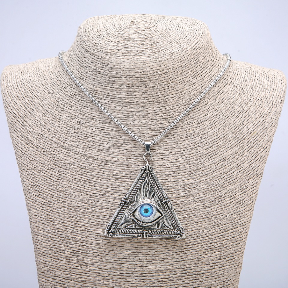 Pendant 'Eye in a Triangle' 65×55 mm on chain, 70 cm long, silver metal