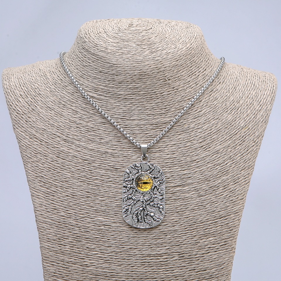 Dragon Eye Pendant, Yellow 30×58 mm on Chain, 65 cm Length, Silver Metal