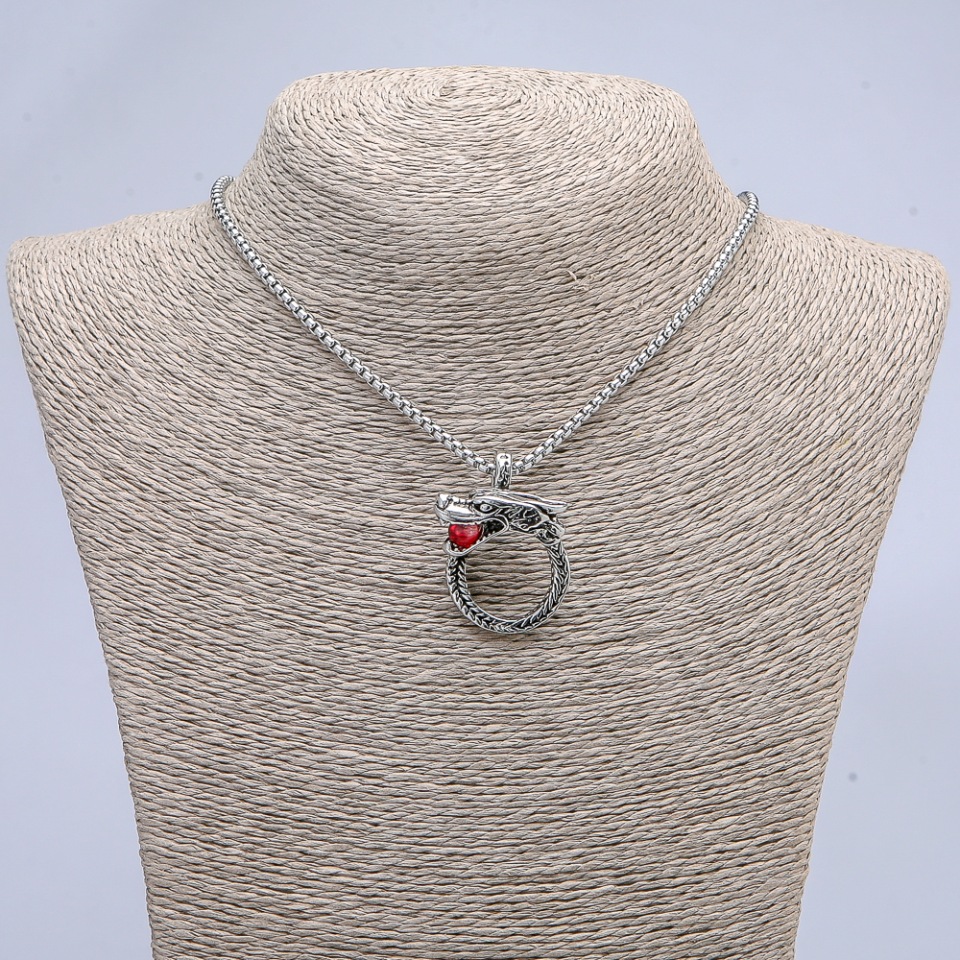 Pendant Dragon with Red Sphere 36x25mm on a chain, length 70 cm ± silver-colored metal