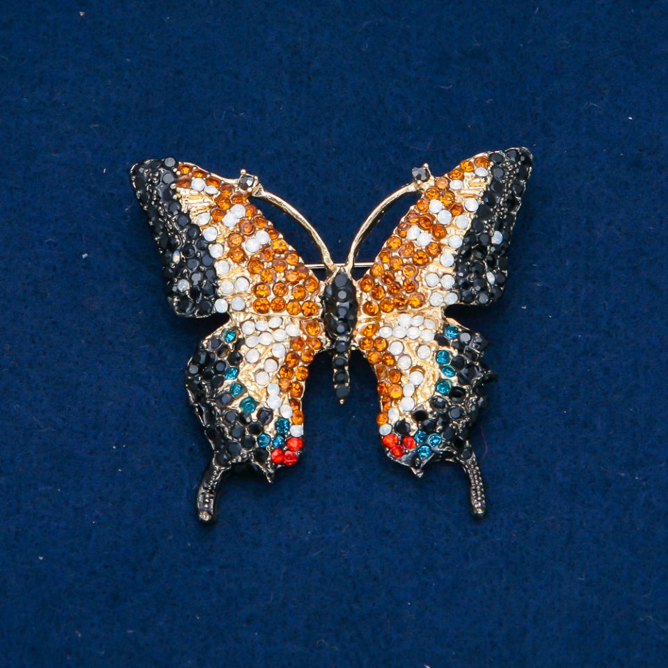 Butterfly Brooch with Multicolored Crystals, Gold-Tone Metal 50x55 mm +