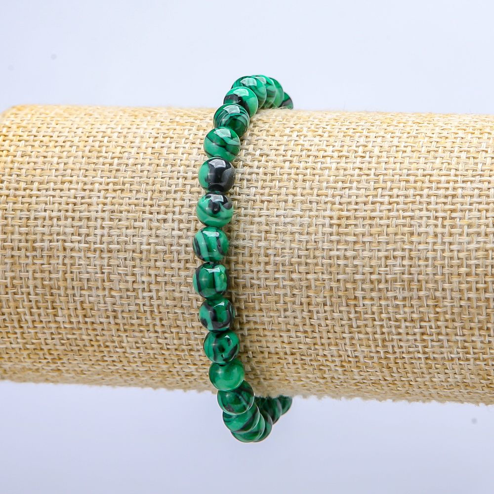 Elastic bracelet with malachite (pressed) smooth beads, 6 mm diameter, 18 cm length