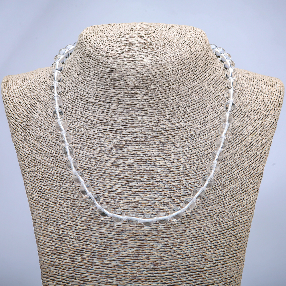 Beaded necklace with mountain crystal — smooth round beads, 8 mm diameter, 45 cm long