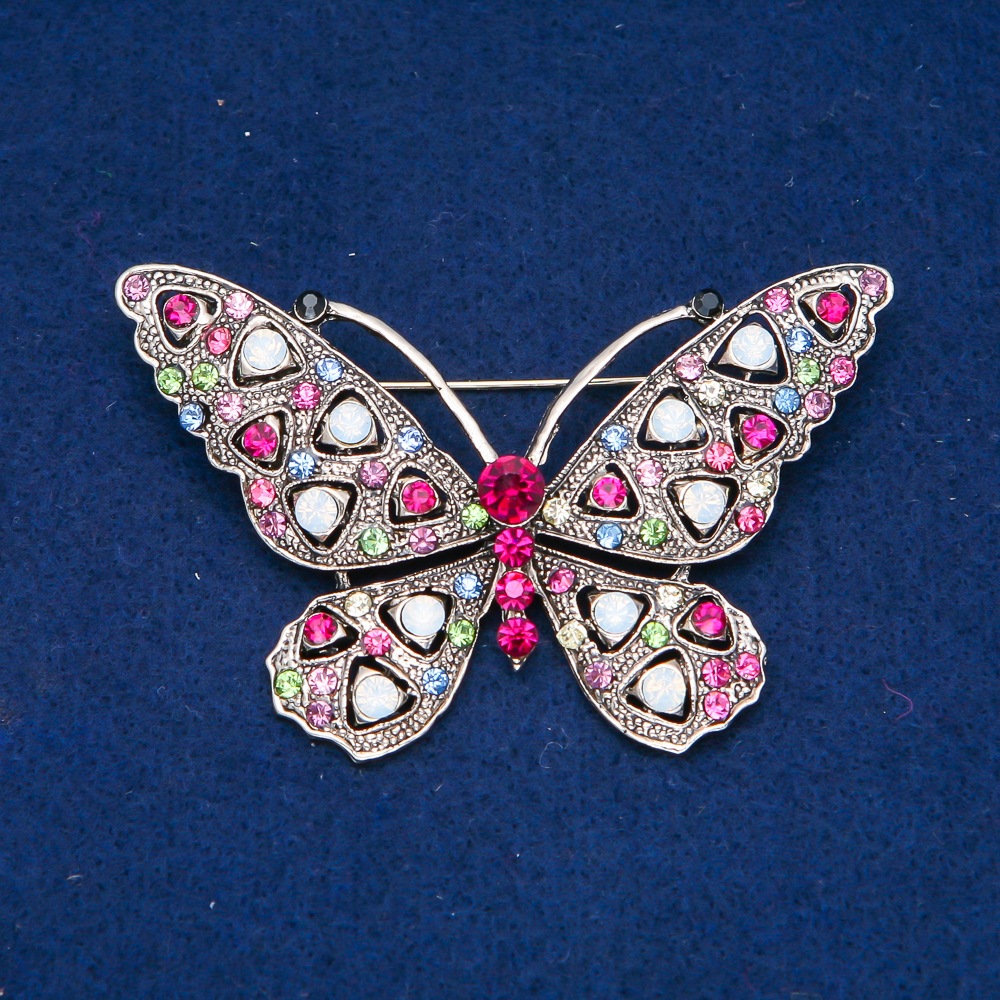 Butterfly Brooch in Gold-Tone Metal, Multicolored Rhinestones 46×70mm +