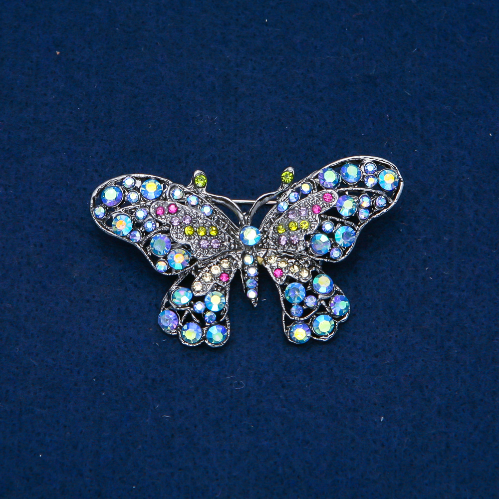 Butterfly Brooch in Silver-Tone Metal with Multicolored Rhinestones, 32x60 mm