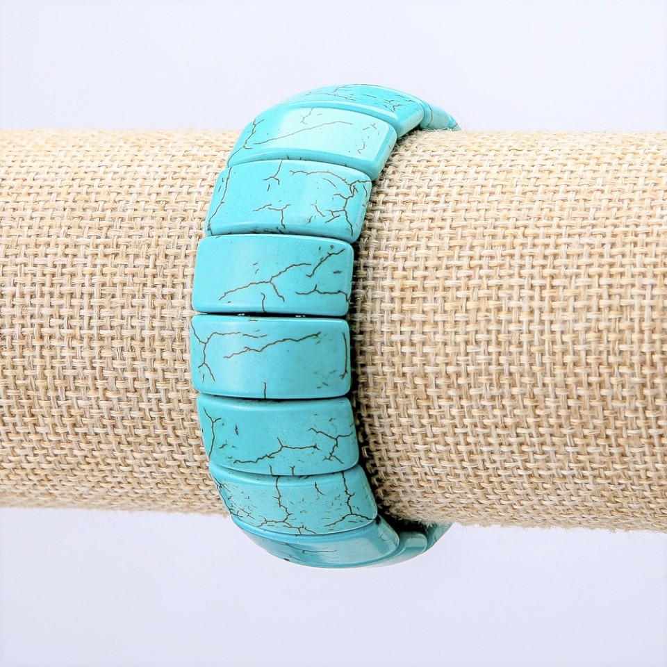Elastic Green Turquoise Bracelet with Veining, Rectangular Stones 25×11 mm+