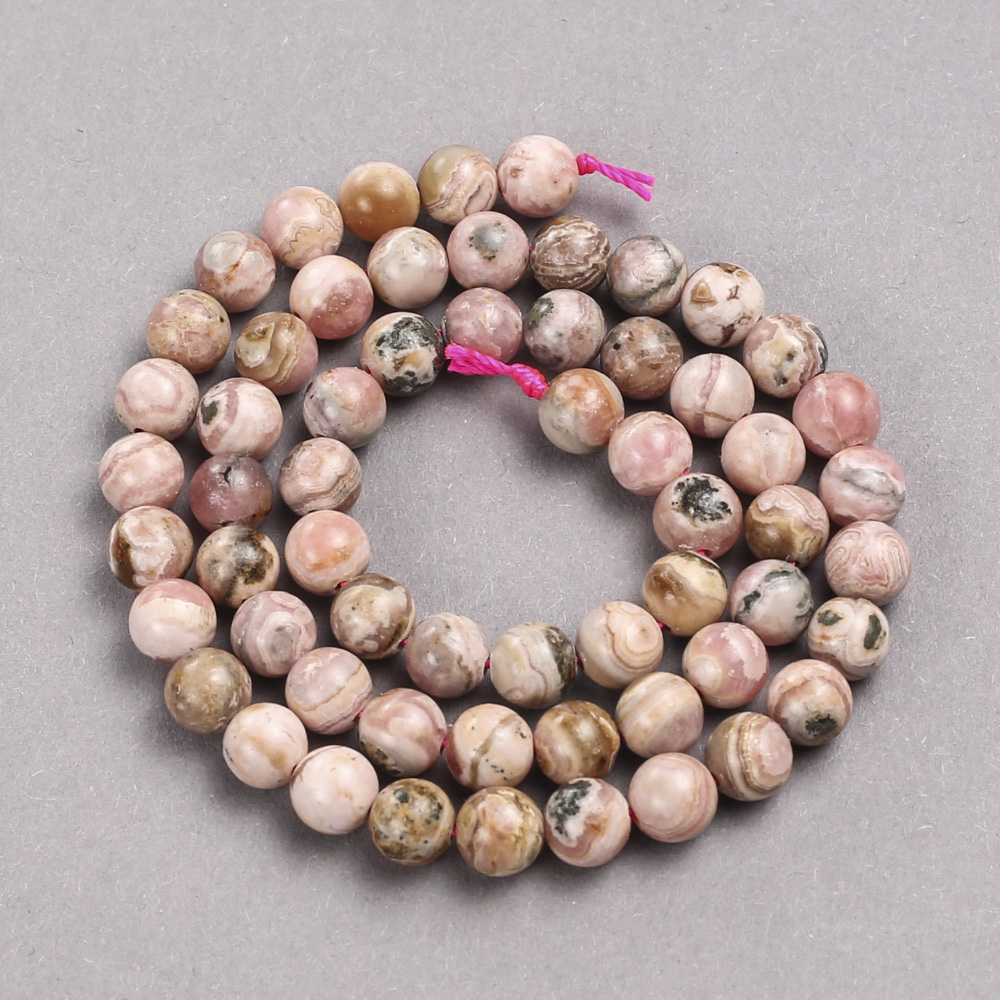 Rhodonite Beads on Thread, Natural Stone, Smooth Round Beads, Diameter 6.5 mm, Length 38 cm
