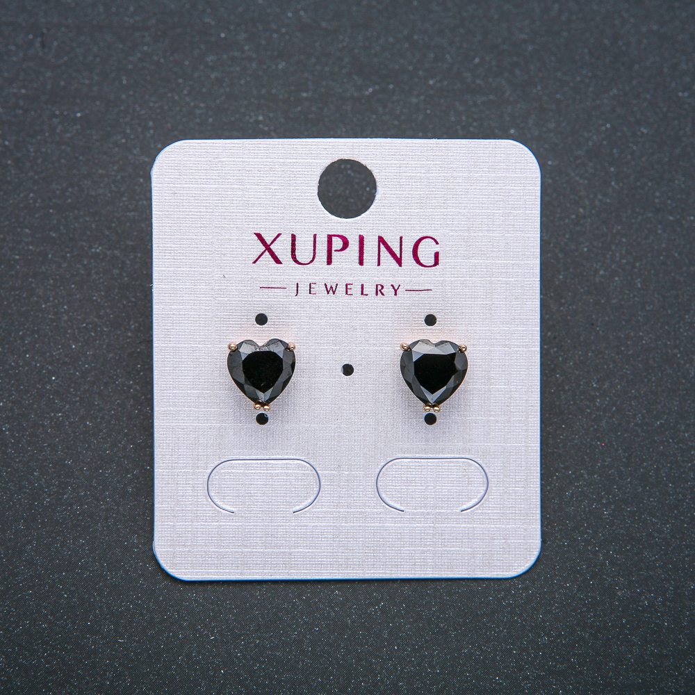 Heart Earrings Xuping - Stud Earrings with 18K Gold Plating and Black Crystal, 8 mm Diameter