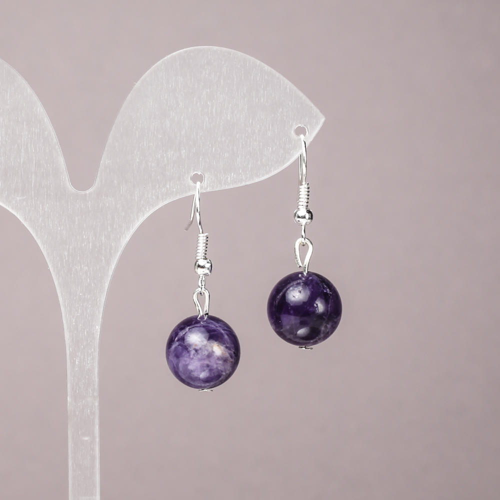 Amethyst natural gemstone earrings, smooth ball, 12 mm diameter, 33 mm length