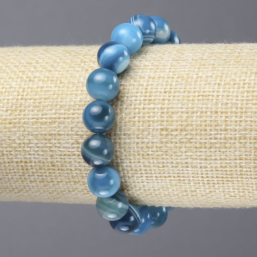Elastic bracelet with Blue Agate smooth beads, 10mm diameter+