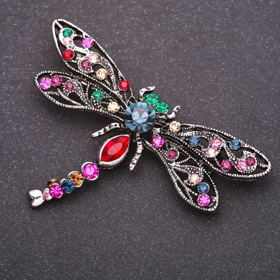 Butterfly Brooch with Multicolored Rhinestones 70x45 mm gray metal