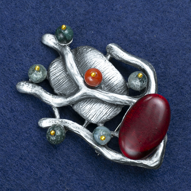 Brooch 'Twig' with Carnelian and Assorted Stones, Silver-Colored Metal, 61x42 mm +