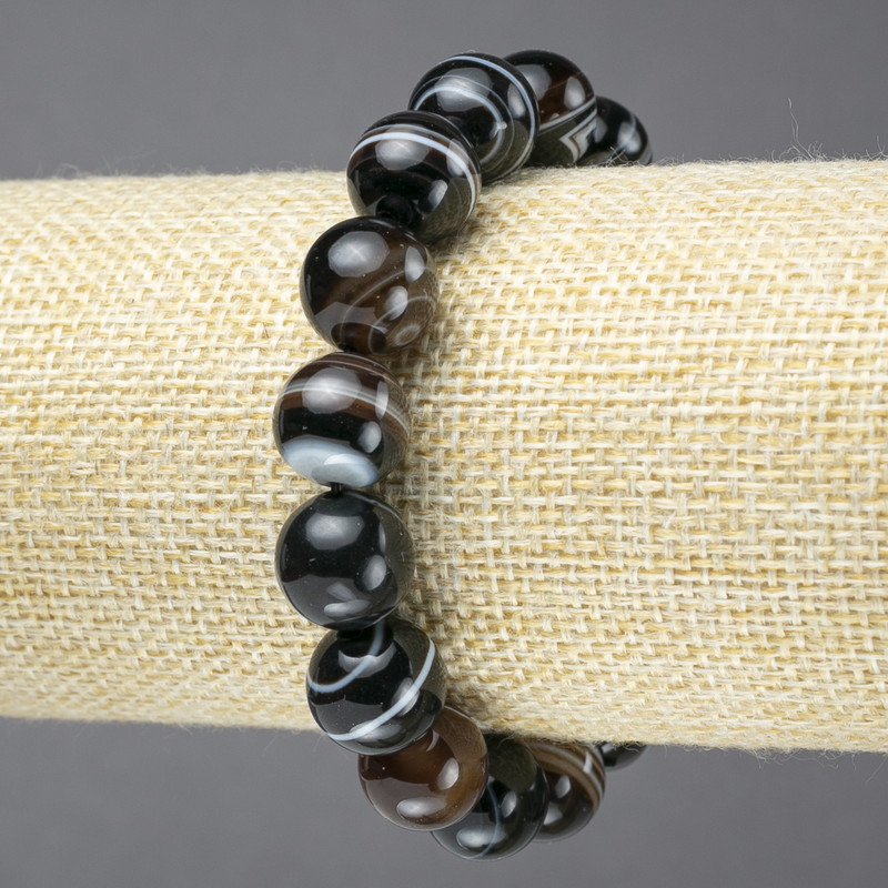 Elastic bracelet with natural brown eye agate stone, smooth beads, diameter 12mm+