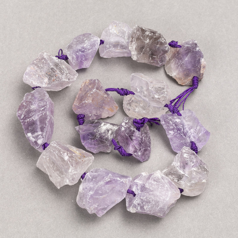 Unpolished Amethyst Beads, On Thread, 20x25 mm, Length 42 cm