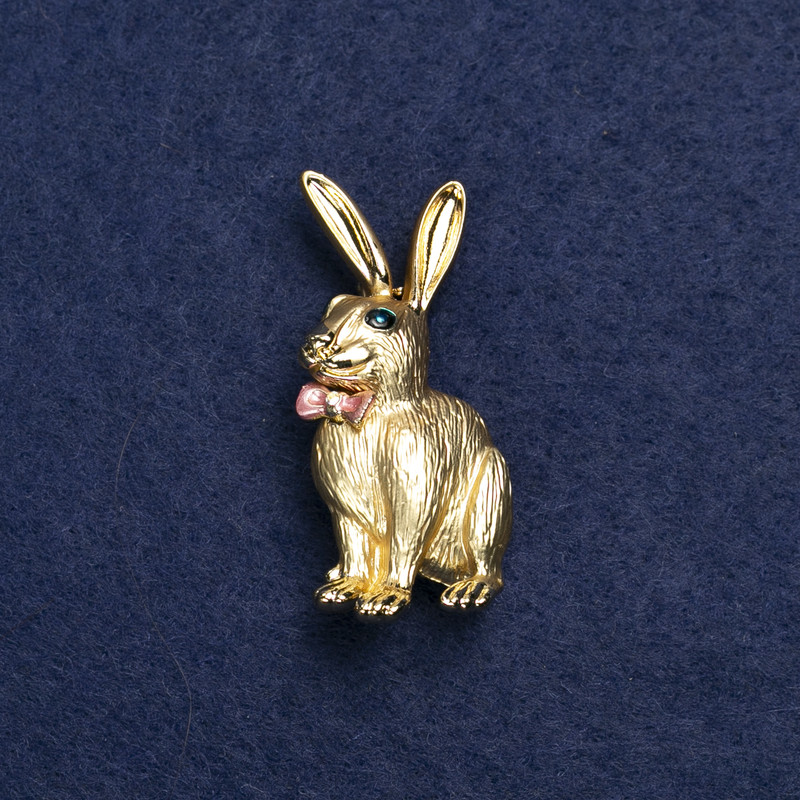 Brooch Bunny with Bow, gold-toned metal, enamel and crystals, 45×20 mm +