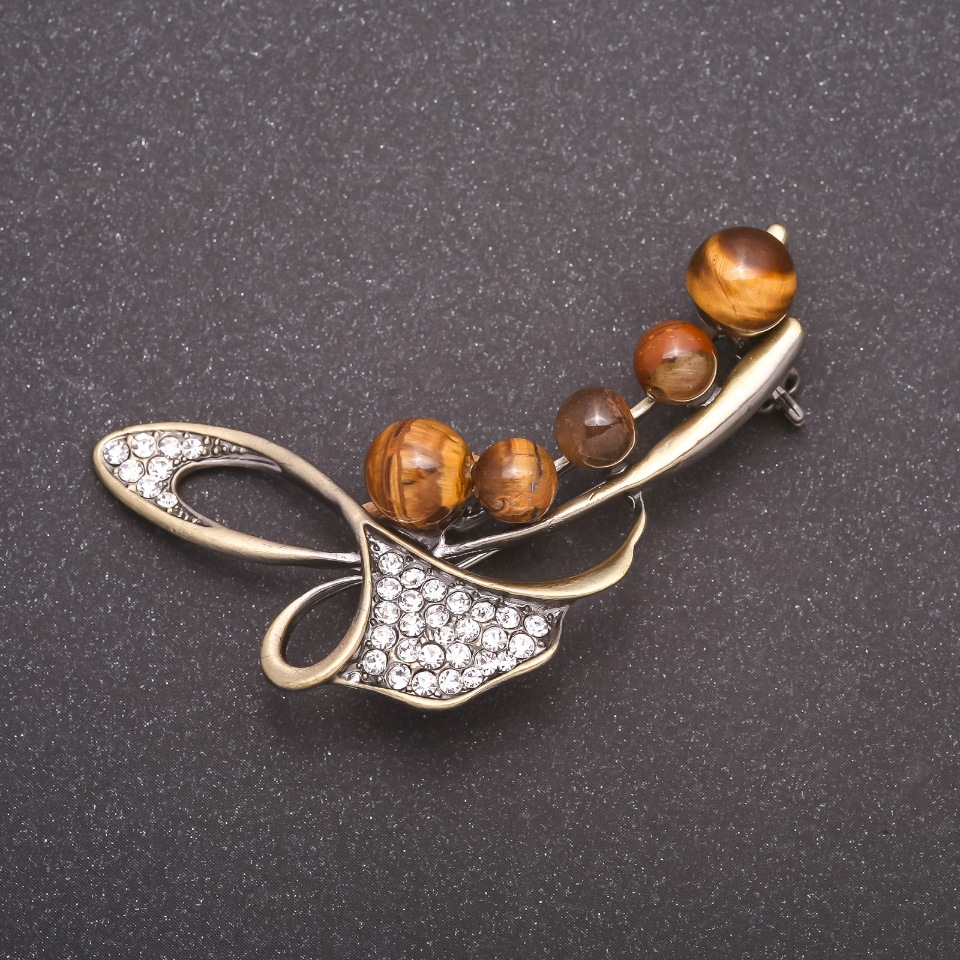 Brooch with natural tiger's eye stone Twig, bronze metal color 58x36mm