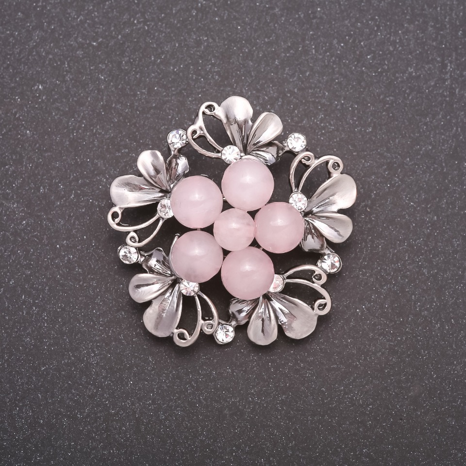 Boutonniere-style Brooch with Natural Pink Quartz, Gray Metal Color, 40mm