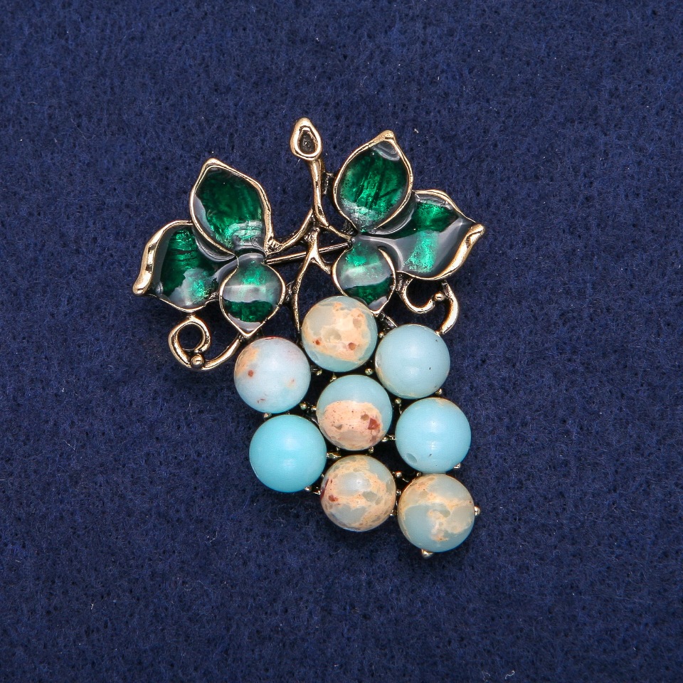 Grapes Brooch with Amazonite and Green Enamel, Gold-Tone Metal 40x50mm