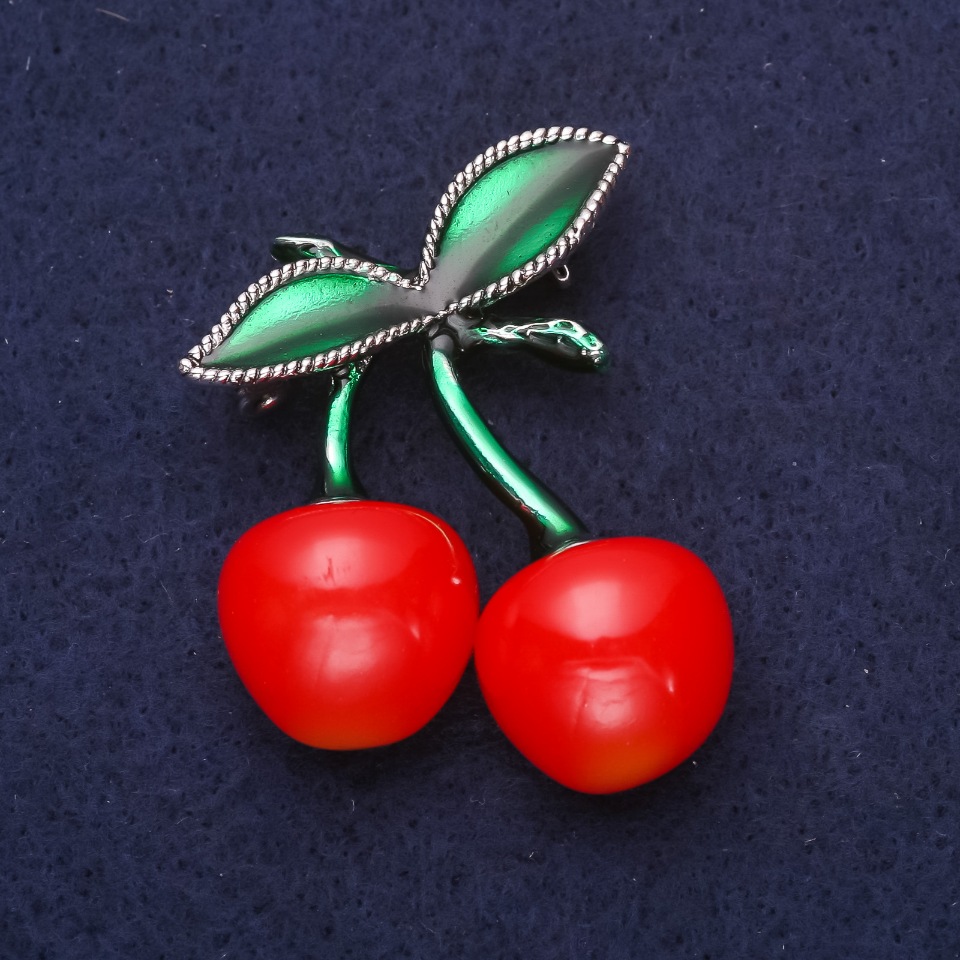 Brooch 'Cherries' enamel, red and green, 45×34 mm, silvery metal