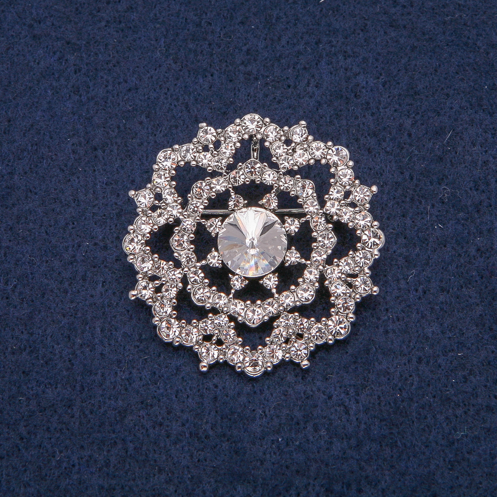 Brooch silver-toned metal with white rhinestones 40x40mm