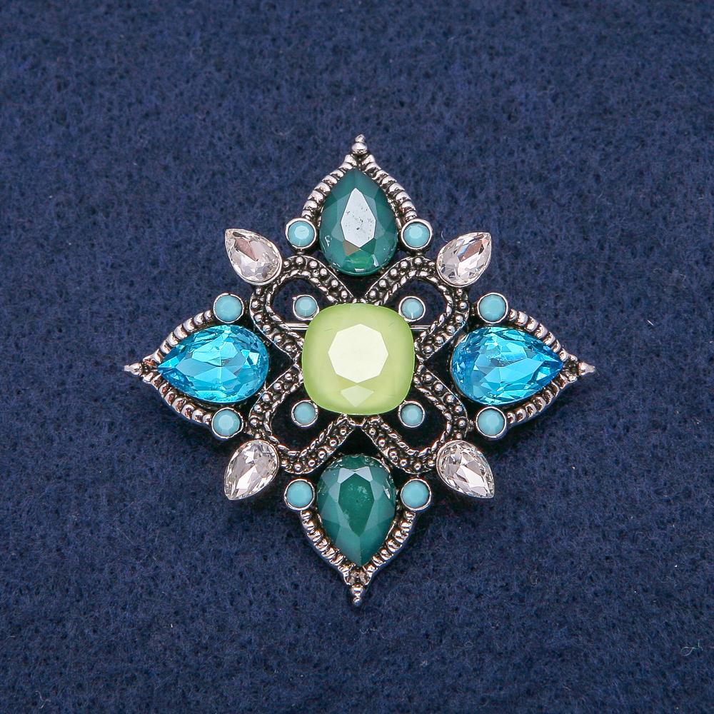 Brooch 'Flower' in Silver-Toned Metal with Crystals 44×44mm