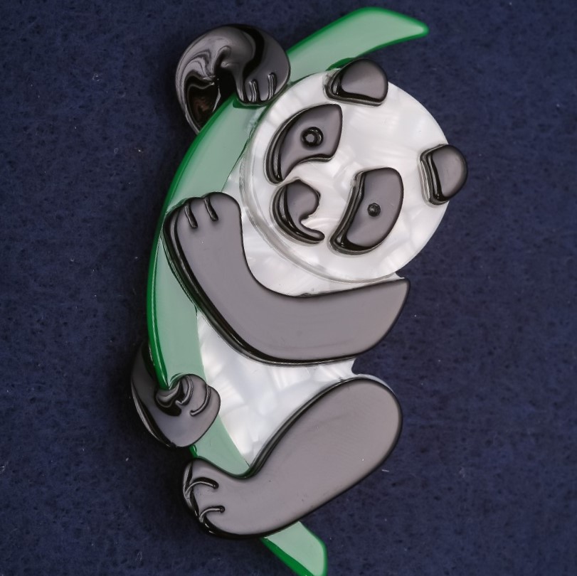 Panda Brooch - plastic, color white, black, and green, 74×40 mm