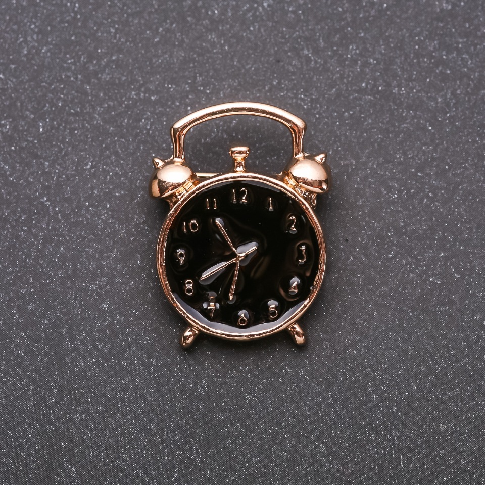 Brooch Alarm Clock Black Enamel Yellow Metal 20x27mm