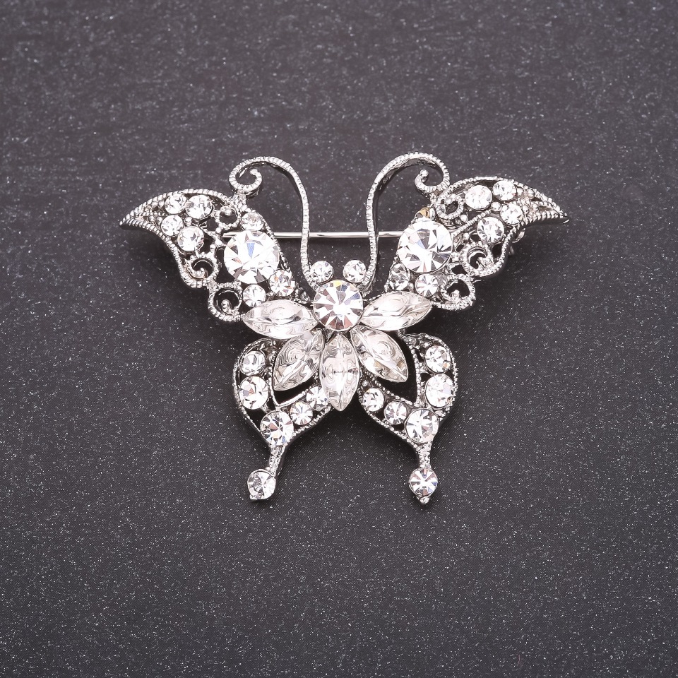Butterfly Brooch with White Crystals 40x50 mm White Metal